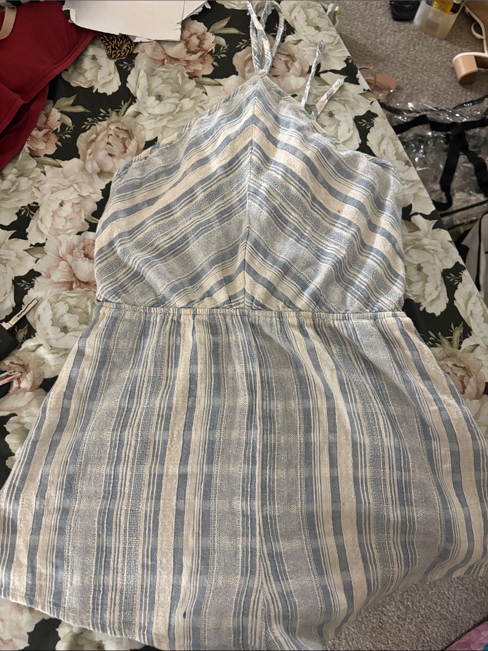 Tobi Blue and Cream Striped Linen Blend Romper